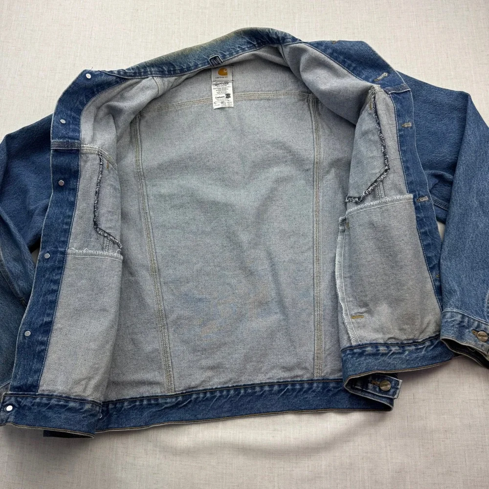 VTG Carhartt‎ J12 DST Denim Trucker Jacket Mens Large Blue Made in USA Workwear